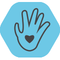 Hand with heart inside it icon on blue background